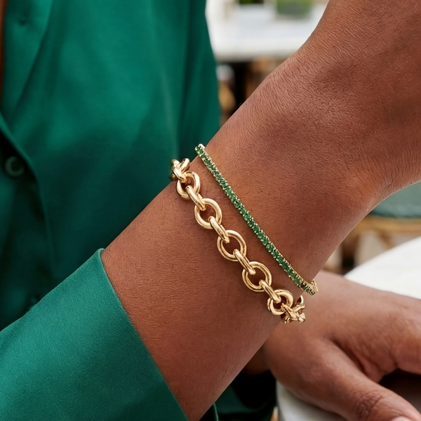 Gwen Beloti Gold Emerald Tennis Chunky Link Bracelet Chain Set 1