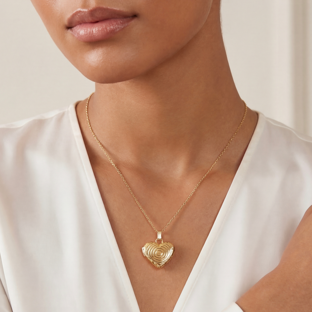 Gwen Beloti Gold Etched Heart Locket Pendant Necklace 1